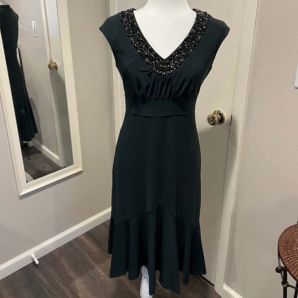 Dressbarn Collection Dark grey fancy dress with beaded collar, Size 4